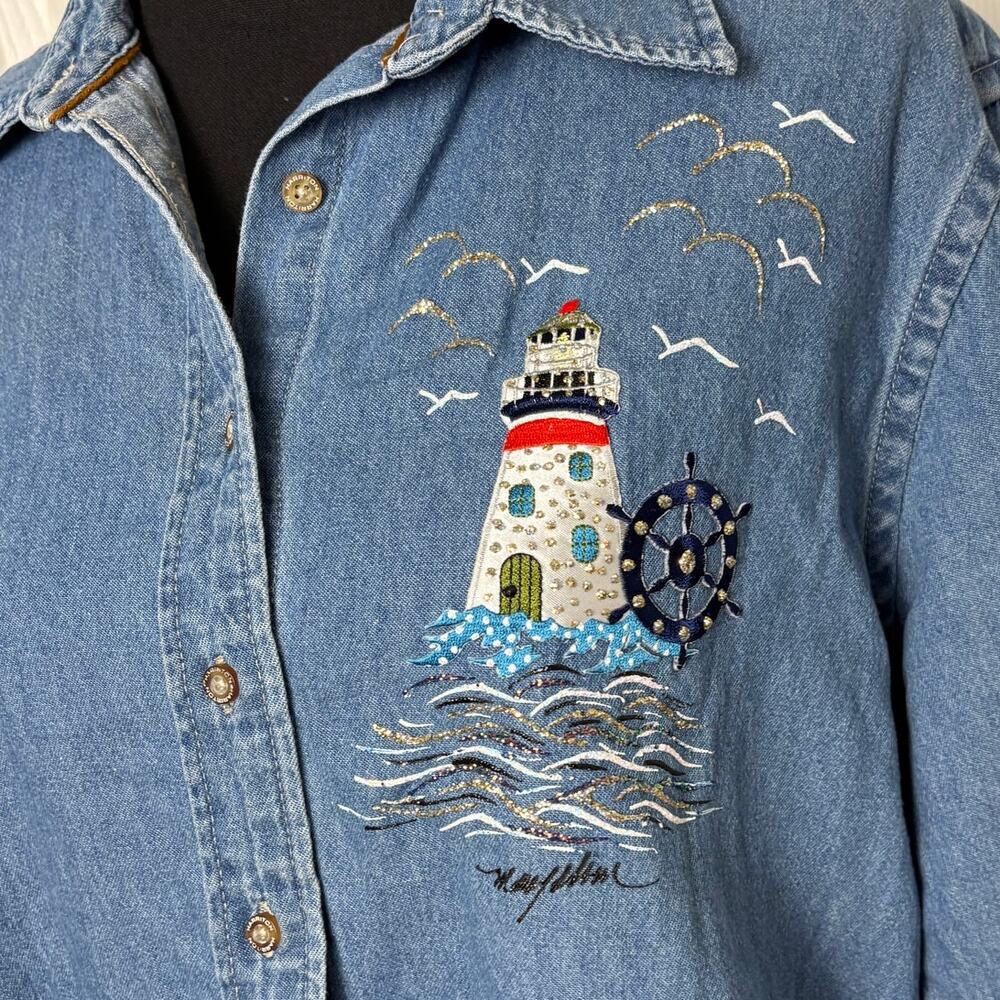 Vintage 90s Hand Painted Patch Denim Button Down Shirt Lighthouse Nautical L
